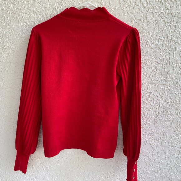 Nanette Lepore Red Sweater M NWT Mock Collar Ribbed Puff Sleeves Gold Metallic - Picture 8 of 9